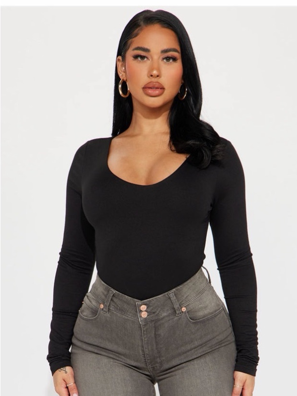 Long Sleeve Scoop Neck Women's Top - Black